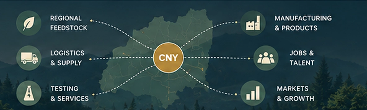 Original approved CNY network diagram. A gold CNY hub on a Central New York map links regional feedstock, logistics and supply, testing and services, manufacturing and products, jobs and talent, and markets and growth.