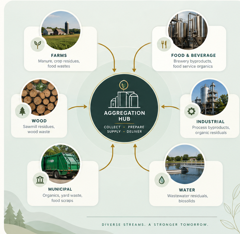 Approved six-spoke aggregation hub illustration, connecting farms, food and beverage, wood, industrial, municipal and water-related source families to one central collect, prepare, supply and deliver hub
