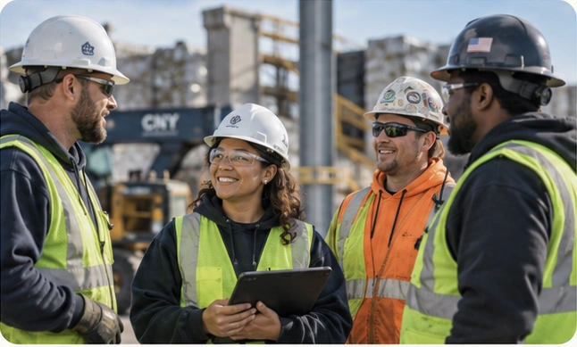Original approved V2 concept artwork showing four people in safety helmets discussing industrial work at a construction site