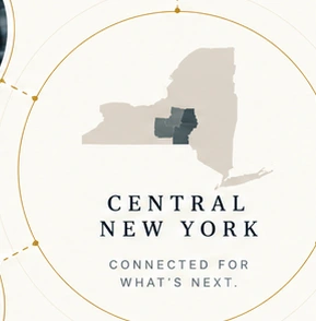 Central New York inset in a circular gold frame from the approved regional illustration