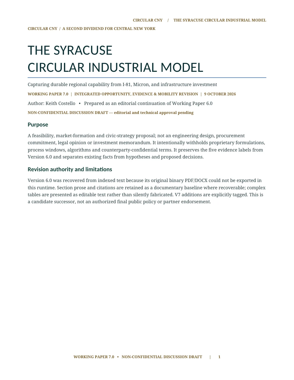 Cover of the actual Syracuse Circular Industrial Model Working Paper 7.0, October 2026