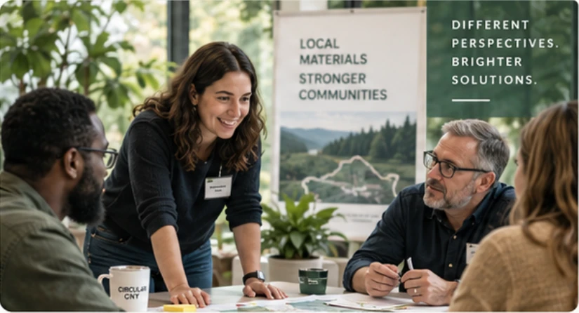 Illustrative community workshop with people discussing regional materials and opportunity
