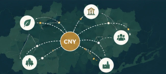 Original V2 Central New York network artwork with a gold CNY hub linked to community and industry icons