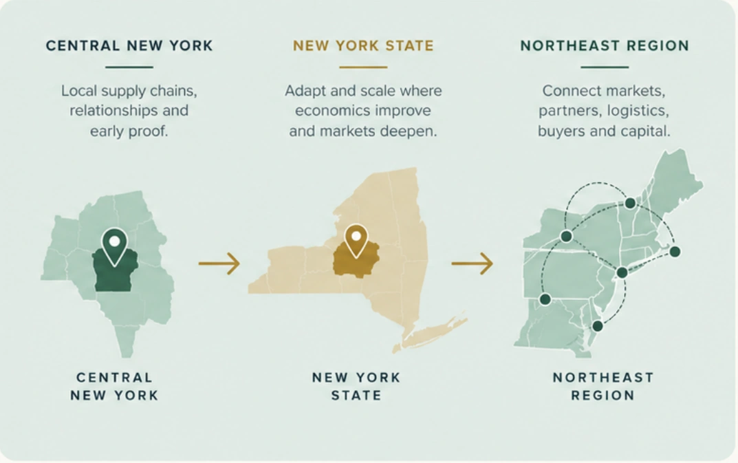 Original approved V2 page 14 infographic connecting Central New York, New York State and the Northeast with maps, progression arrows and captions.