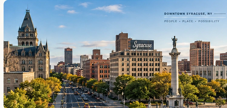 Illustrative rendering of downtown Syracuse with historic civic buildings and city streets
