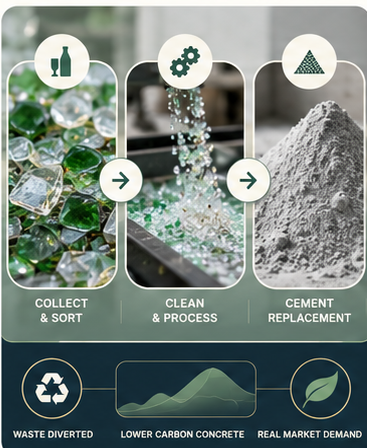 Original V2 glass infographic showing collect and sort, cleaning and processing, then ground glass cement replacement with waste diversion, lower-carbon concrete, and market demand.