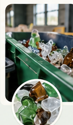 Glass bottles and recovered glass moving through an industrial handling line in the approved V2 artwork.