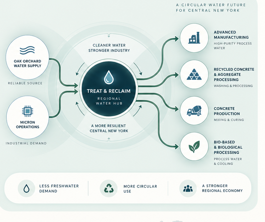 Original Circular CNY water-system infographic: Oak Orchard water supply and Micron operations enter a regional Treat and Reclaim water hub. The hub branches to advanced manufacturing, recycled concrete and aggregate processing, concrete production, and bio-based and biological processing. Outcomes: less freshwater demand, more circular use, stronger regional economy.