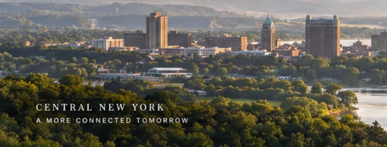 Illustrative Central New York skyline, wooded river landscape, and caption: Central New York, a more connected tomorrow
