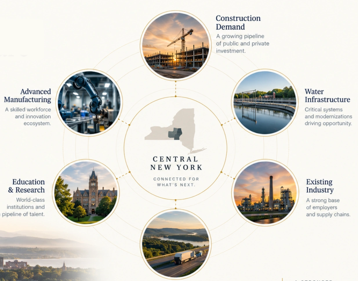 Original six-part regional illustration from approved V2 page 13. Around a Central New York map: construction demand, water infrastructure, existing industry, logistics and resource flows, education and research, and advanced manufacturing.